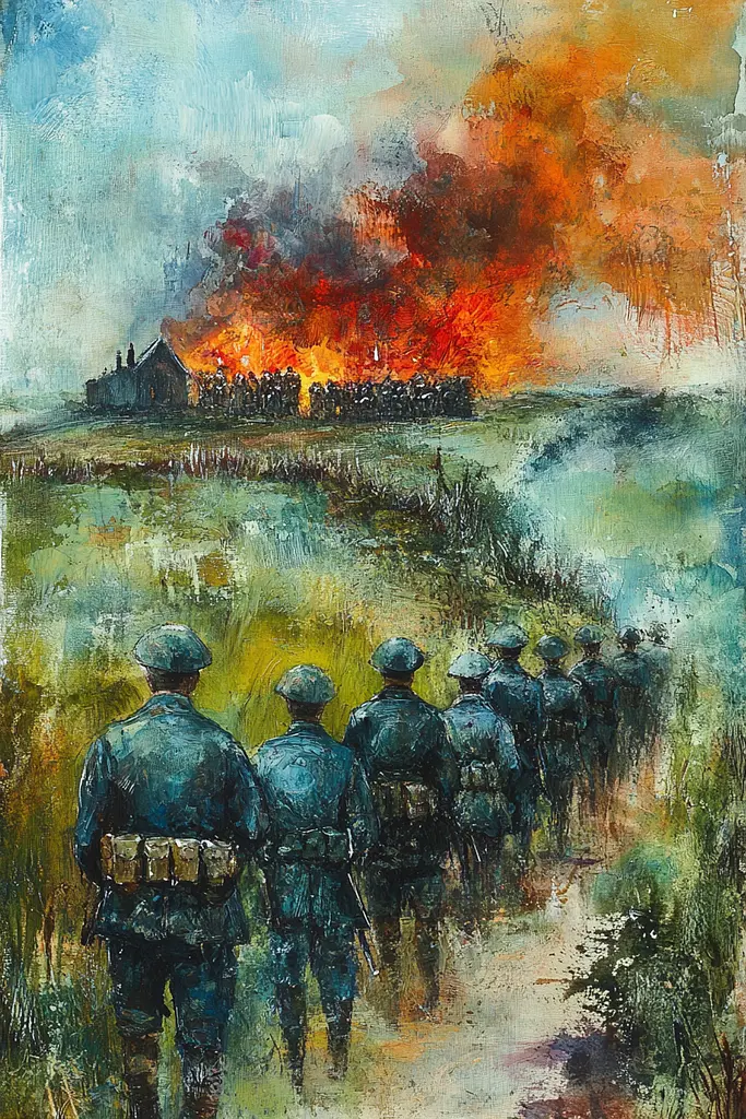 Midjourney generated image using SREF code Ethereal Gardens: A painting of a group of soldiers walking in front of a fire.