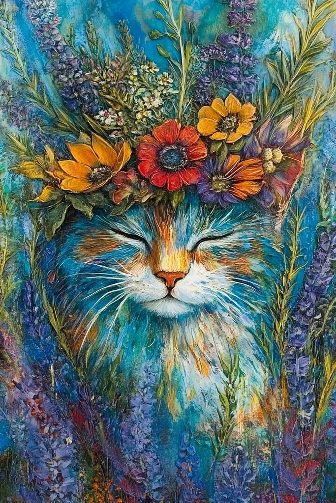 Midjourney generated image using SREF code Ethereal Gardens: A painting of a cat with flowers on its head.