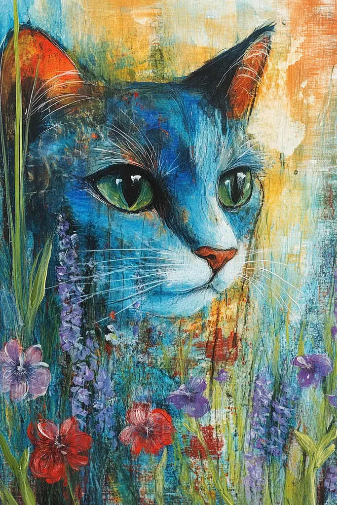 Midjourney generated image using SREF code Ethereal Gardens: A painting of a cat in a field of flowers.