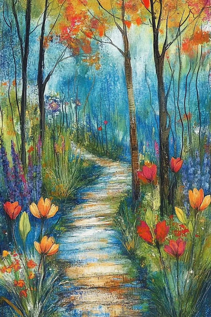 Midjourney generated image using SREF code Ethereal Gardens: A painting of a path through a forest with colorful flowers.