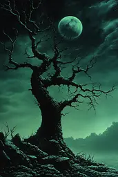 Midjourney generated image using SREF code Ominous Alienscape: A lone tree in the middle of a dark forest under a full moon.