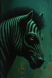 Midjourney generated image using SREF code Ominous Alienscape: A zebra with green eyes in a dark room.