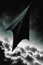 Midjourney generated image using SREF code Ominous Alienscape: A black and white photo of a bat flying through the sky.