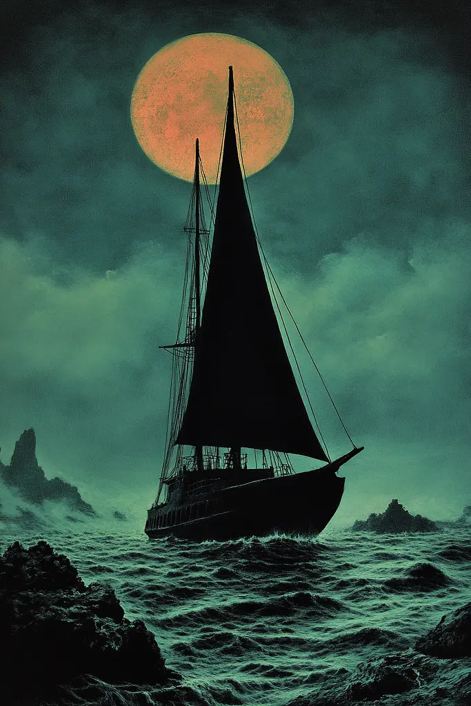 Midjourney generated image using SREF code Ominous Alienscape: A painting of a sailboat in the ocean at night.