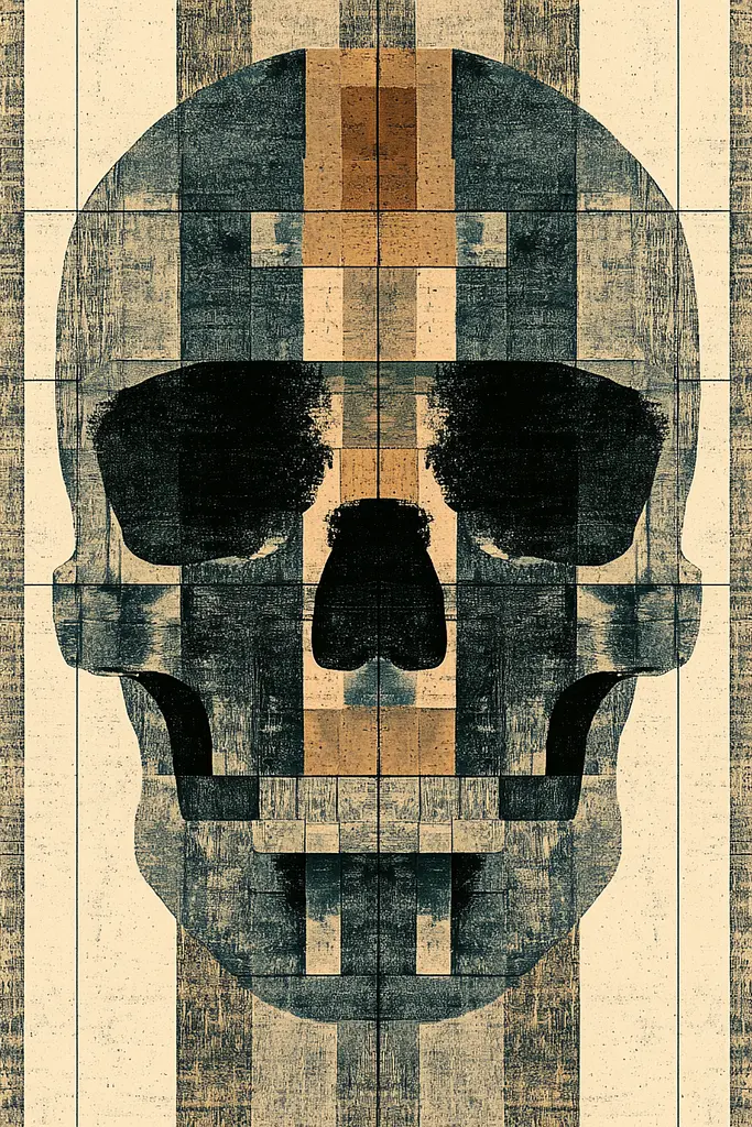 Midjourney generated image using SREF code Fragmented Silence: A skull with a cross on it's face. 