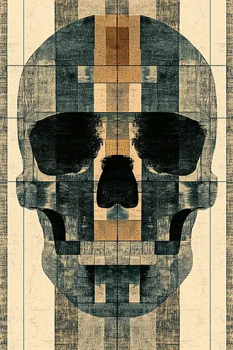 Midjourney generated image using SREF code Fragmented Silence: A skull with a cross on it's face. 