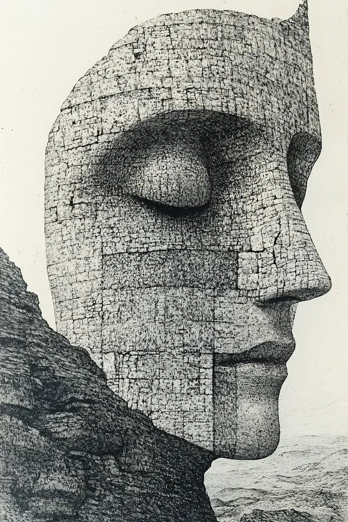 Midjourney generated image using SREF code Introspective Loom: A black and white drawing of a man's face.