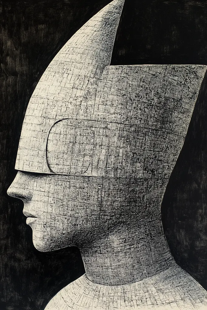 Midjourney generated image using SREF code Introspective Loom: A black and white drawing of a man's head.