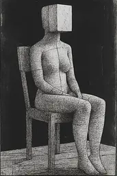 Midjourney generated image using SREF code Introspective Loom: A black and white drawing of a woman sitting on a chair.