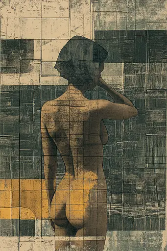 Midjourney generated image using SREF code Fragmented Silence: A nude woman standing in front of a tiled wall.