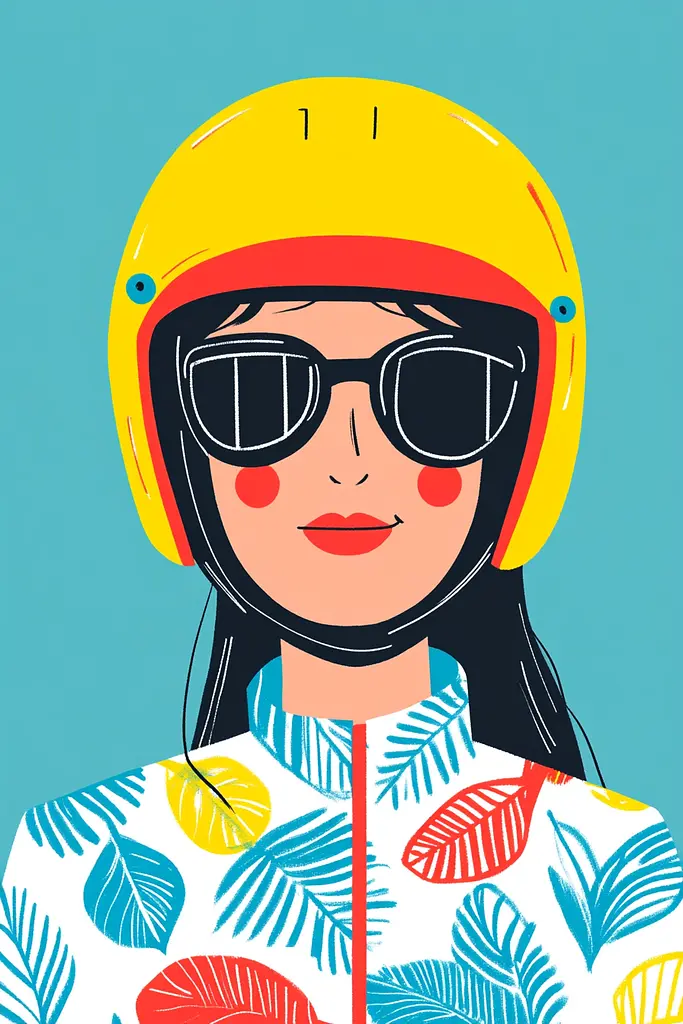 Midjourney generated image using SREF code Joyful Abstraction: A woman wearing a yellow helmet and sunglasses.