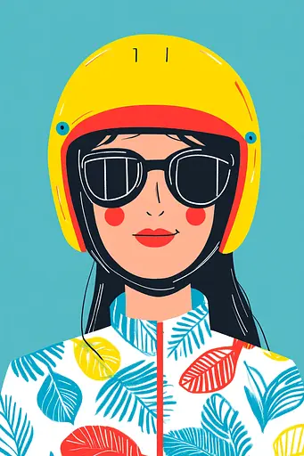 Midjourney generated image using SREF code Joyful Abstraction: A woman wearing a yellow helmet and sunglasses.