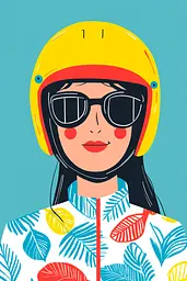 Midjourney generated image using SREF code Joyful Abstraction: A woman wearing a yellow helmet and sunglasses.