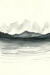 Midjourney generated image using SREF code Serene Ephemera: A black and white drawing of a lake with mountains in the background.