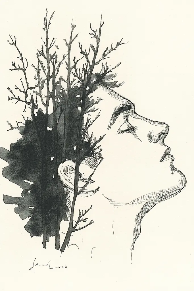 Midjourney generated image using SREF code Serene Ephemera: A black and white drawing of a woman's face with branches in her hair.