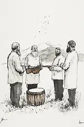 Midjourney generated image using SREF code Serene Ephemera: A drawing of a group of men standing around a drum.