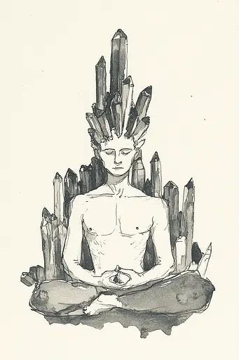 Midjourney generated image using SREF code Serene Ephemera: A drawing of a man sitting in a lotus position surrounded by crystals.