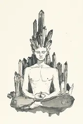 Midjourney generated image using SREF code Serene Ephemera: A drawing of a man sitting in a lotus position surrounded by crystals.