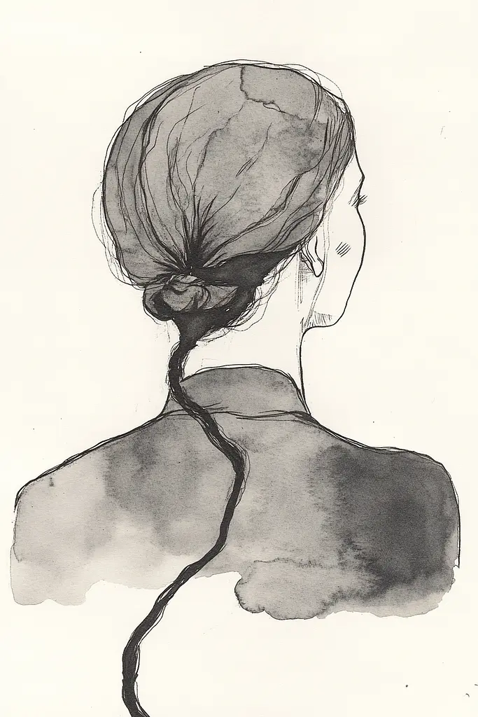 Midjourney generated image using SREF code Serene Ephemera: A black and white drawing of a woman with her hair in a bun.