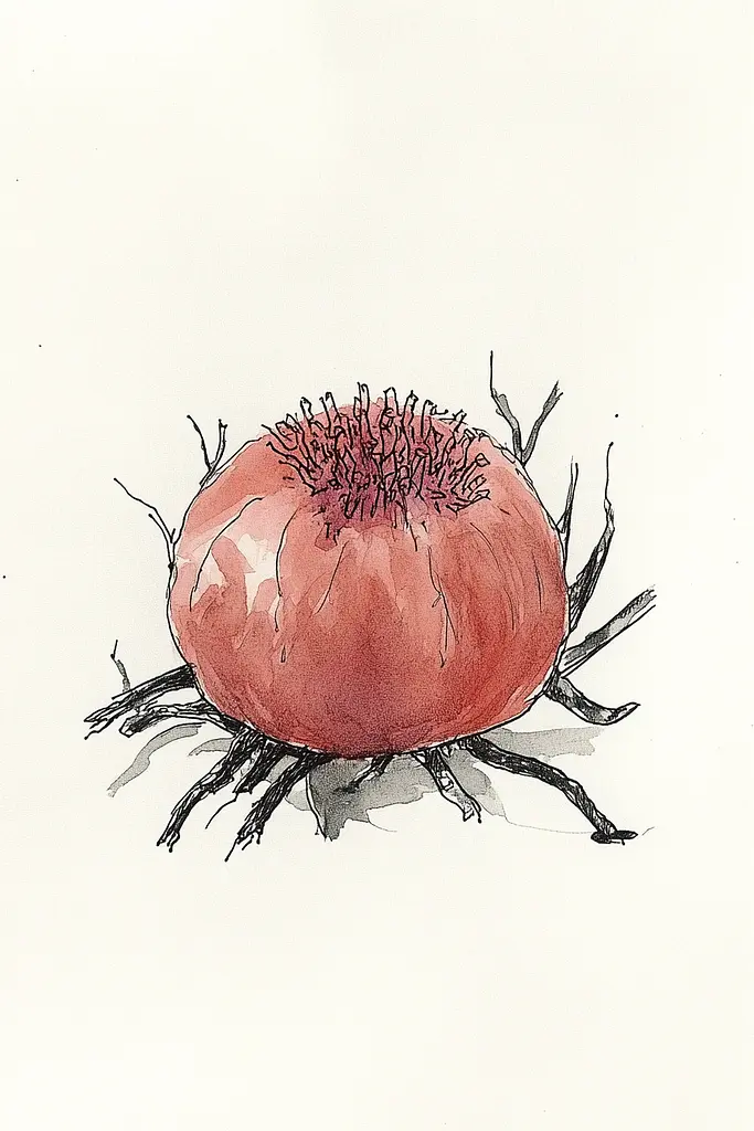 Midjourney generated image using SREF code Serene Ephemera: A drawing of a red onion on a white background.