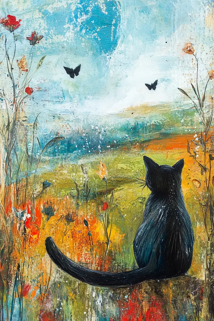 Midjourney generated image using SREF code Ethereal Gardens: A painting of a black cat sitting in a field of flowers.