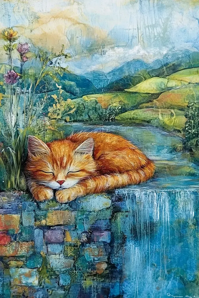 Midjourney generated image using SREF code Ethereal Gardens: A painting of a cat sleeping on a stone wall.