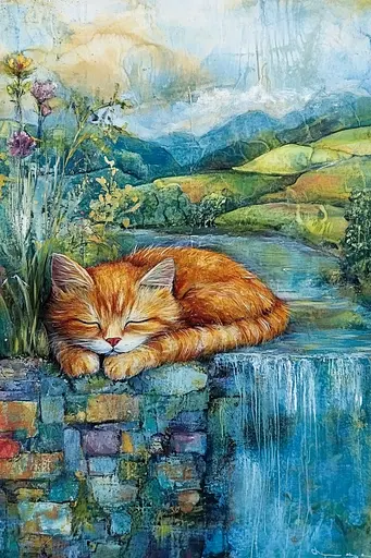 Midjourney generated image using SREF code Ethereal Gardens: A painting of a cat sleeping on a stone wall.