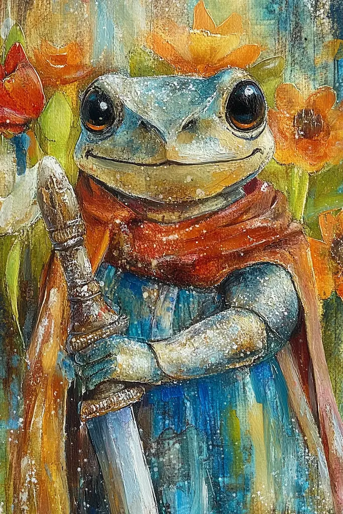 Midjourney generated image using SREF code Ethereal Gardens: A painting of a frog dressed as a knight holding a sword.