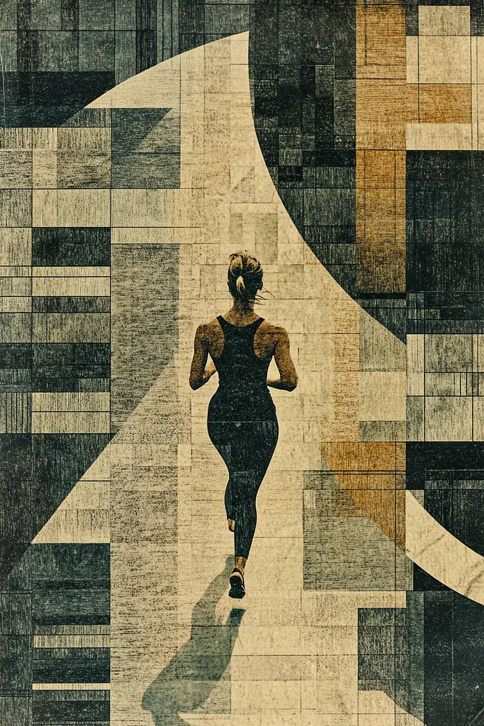 Midjourney generated image using SREF code Fragmented Silence: A woman running on a tiled floor with a cross in the background.