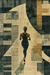 Midjourney generated image using SREF code Fragmented Silence: A woman running on a tiled floor with a cross in the background.