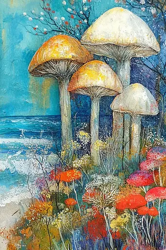 Midjourney generated image using SREF code Ethereal Gardens: A painting of a group of mushrooms on a beach.