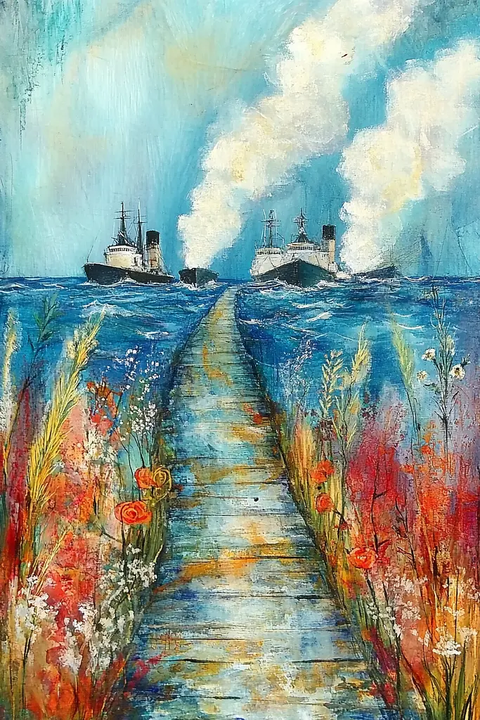 Midjourney generated image using SREF code Ethereal Gardens: A painting of a wooden walkway leading to a ship in the ocean.