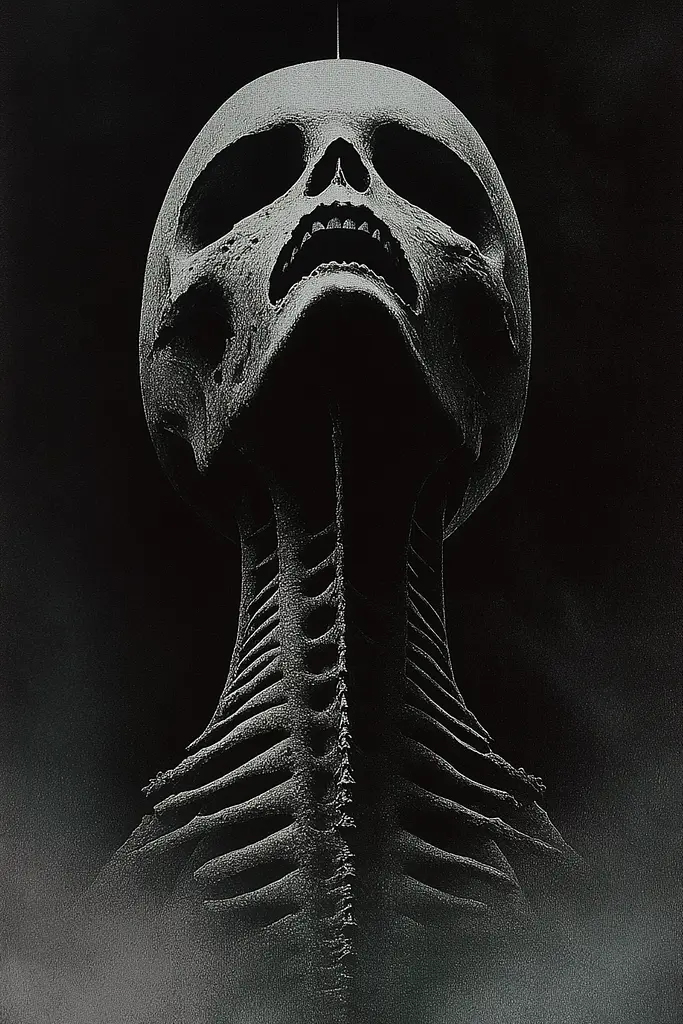 Midjourney generated image using SREF code Ominous Alienscape: A black and white photo of a skeleton with its mouth open.