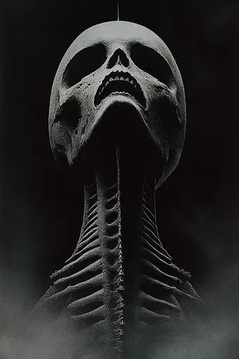 Midjourney generated image using SREF code Ominous Alienscape: A black and white photo of a skeleton with its mouth open.