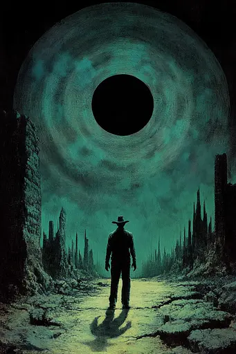 Midjourney generated image using SREF code Ominous Alienscape: A man in a cowboy hat standing in front of a black hole.