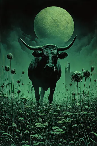 Midjourney generated image using SREF code Ominous Alienscape: A painting of a bull standing in a field of flowers.