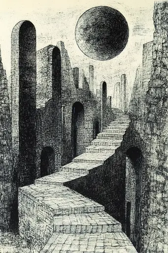 Midjourney generated image using SREF code Introspective Loom: A black and white drawing of a stairway leading up to a moon.