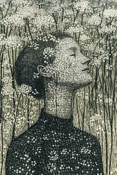 Midjourney generated image using SREF code Introspective Loom: A black and white drawing of a woman in a field of flowers.