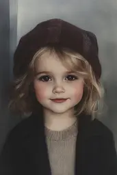 Midjourney generated image using SREF code Gloomwave Horizons: A painting of a little girl wearing a brown hat.