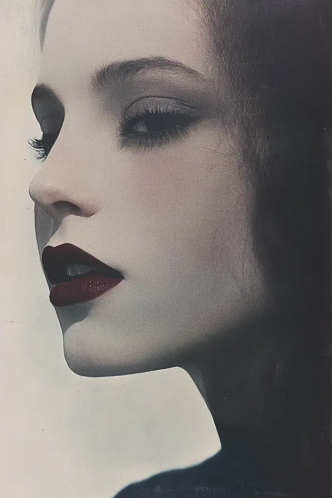 Midjourney generated image using SREF code Gloomwave Horizons: A black and white photo of a woman with red lipstick.