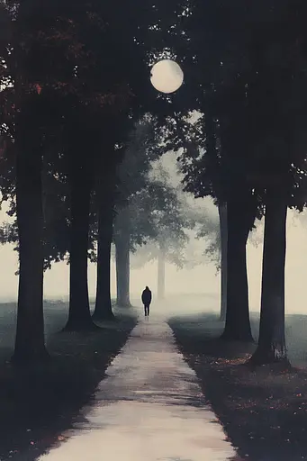 Midjourney generated image using SREF code Gloomwave Horizons: A person walking down a path in the middle of a foggy forest.