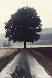 Midjourney generated image using SREF code Gloomwave Horizons: A lone tree in the middle of a dirt road.