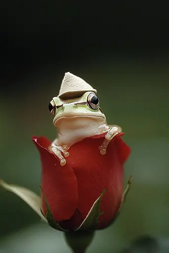 Midjourney generated image using SREF code Urban Solitude: A frog sitting on top of a red rose.