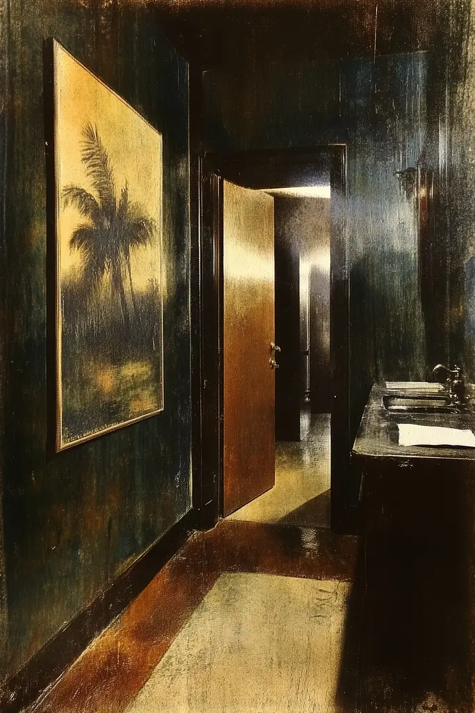 Midjourney generated image using SREF code Petals of Dusk: A bathroom with two sinks and a painting on the wall.