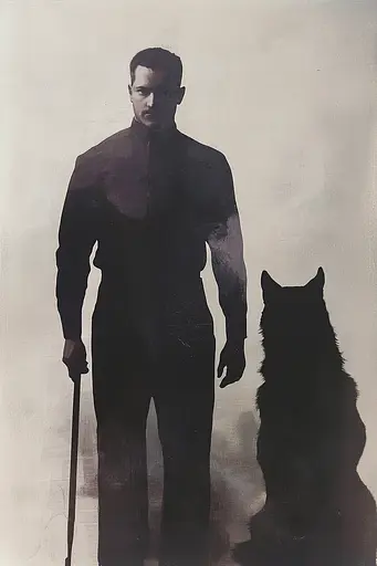 Midjourney generated image using SREF code Gloomwave Horizons: A man standing next to a black dog with a cane.