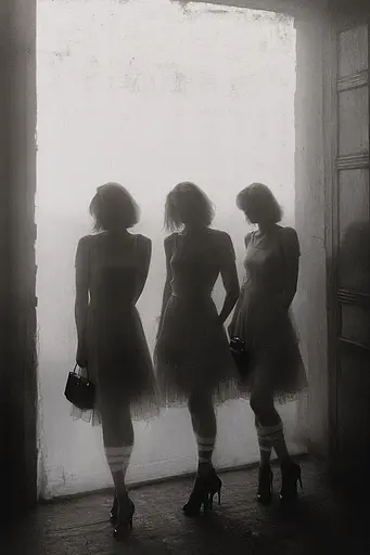 Midjourney generated image using SREF code Fogbound Aesthetics: Three women standing in front of an open door.