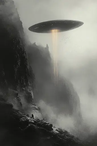 Midjourney generated image using SREF code Fogbound Aesthetics: A man standing on top of a mountain next to a flying saucer.