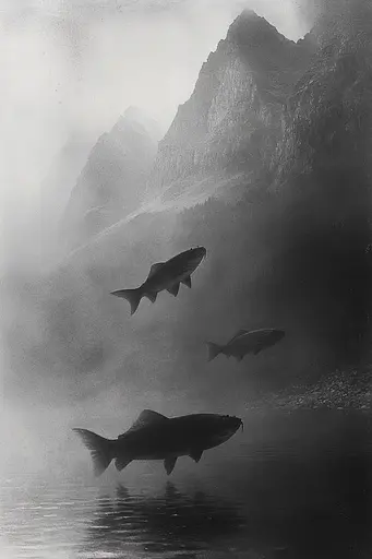 Midjourney generated image using SREF code Fogbound Aesthetics: A black and white photo of three fish swimming in the water.