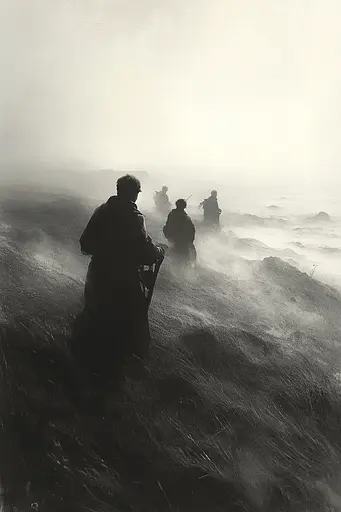 Midjourney generated image using SREF code Fogbound Aesthetics: A group of people walking on a beach in the fog.