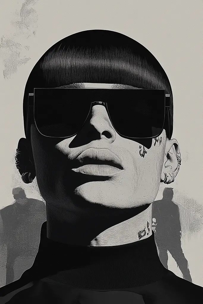 Midjourney generated image using SREF code Opaque Lenses: A black and white illustration of a man wearing sunglasses.